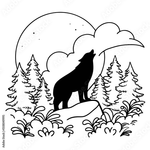 Silhouette of a wolf howling at the moon in a forest, surrounded by tall pine trees and lush vegetation under a night sky.