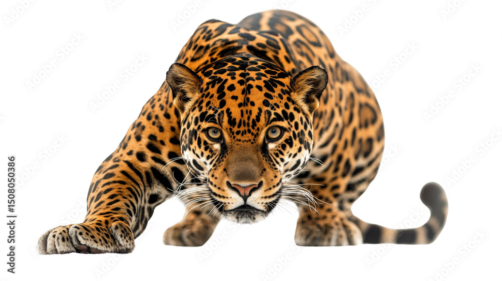 Obraz premium A fierce jaguar crouching low, muscles tense and ready to pounce, Transparent background, PNG file