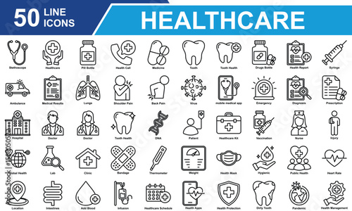 Healthcare Icon Set Collection. Containing Stethoscope, Healthcare, Pill Bottle, Health Call, Medicine, Emergency, Hospital, Doctor, Ambulance, Injury, Shoulder Pain. Simple Line Vector Illustration.