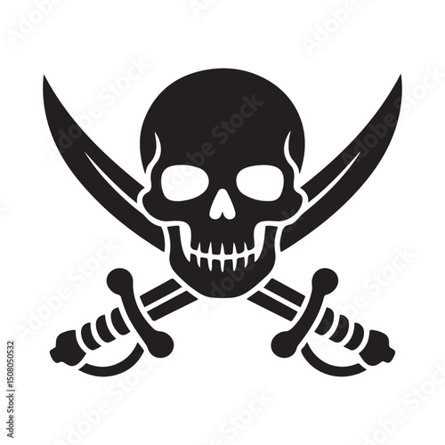Pirate / piracy with skull and crossed swords flat icon for apps and websites. Vector black silhouette. with white background