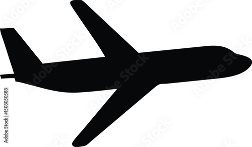 The silhouette of a black airplane gracefully soars against a stark white background