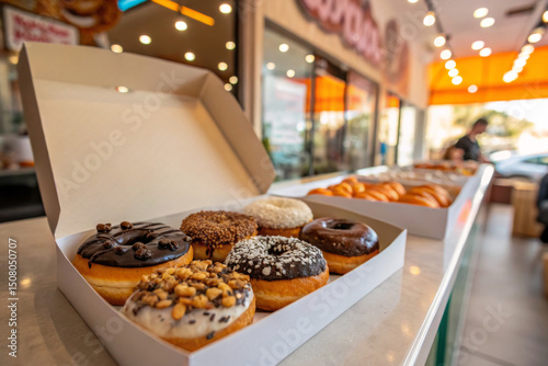 Assorted donuts with various toppings in a white box on a table inside a modern donut shop with bokeh lights and window background