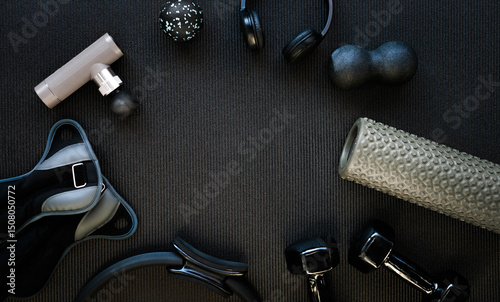 Black exercise mat, dumbbells, headphones, massager, gloves and other sports equipment