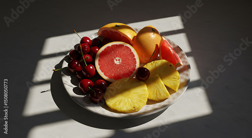 Sunlit Summer Fruit Platter Cherries Pineapple Grapefruit Slices on White Plate