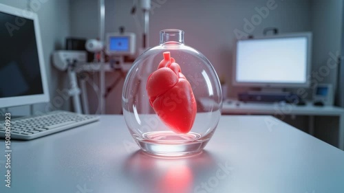 Anatomical heart model displayed in a glass container on table photo