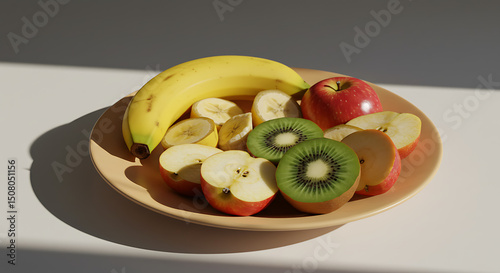 Sliced Apples Bananas and Kiwis on a Plate in Sunlight