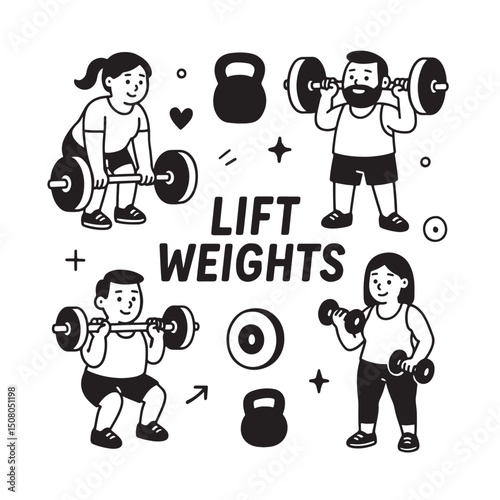 Cartoon Characters Lifting Weights Illustration