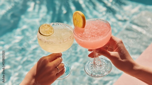 Two hands holding cocktails with citrus slices near blue water. photo