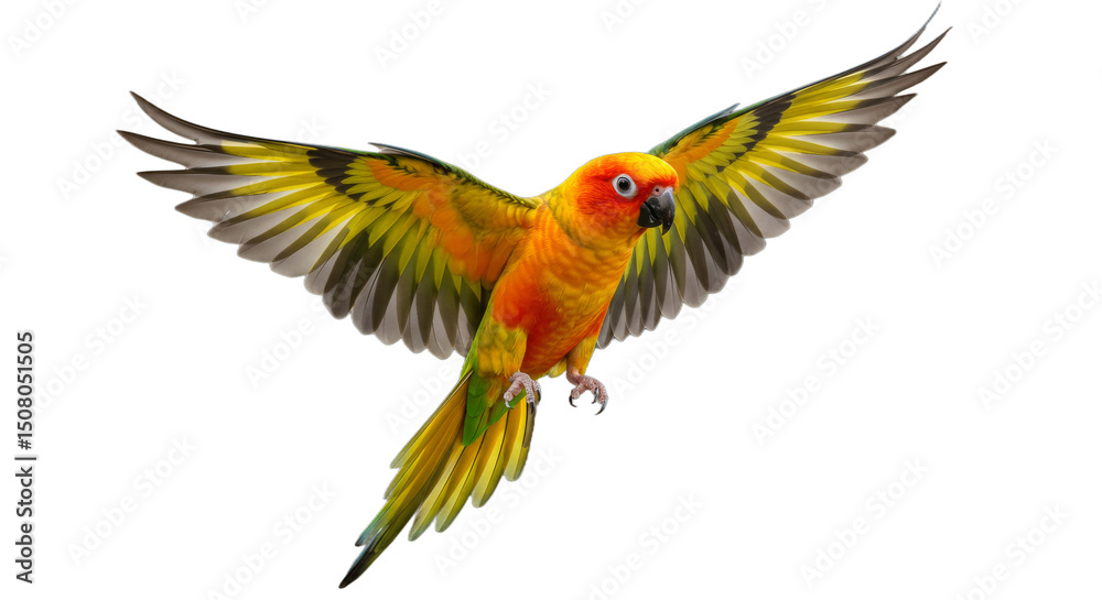 Fototapeta premium Vibrant parrot soaring on black background