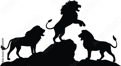 Three black lion silhouettes stand powerfully on a dark rock formation in silhouette
