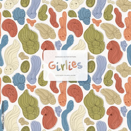 Vector seamless pattern with abstract female faces in colorful blobs on white background. Cute girly style, great for textile and wrapping