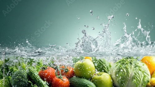 Fototapeta Naklejka Na Ścianę i Meble -  Fresh vegetables and fruits with water splash against a green background.