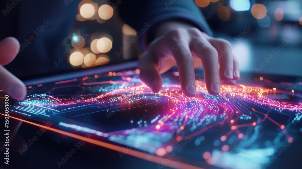 A technician closely examining intricate digital data patterns and connections on a brightly lit computer screen suggesting advanced technology and data analysis A technician closely examining intricate digital data patterns and connections on a brightly lit computer screen suggesting advanced technology and data analysis