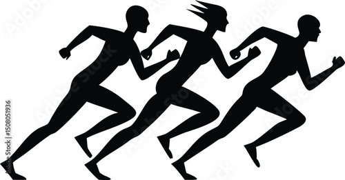 Three black silhouette runners stride forward with focused determination during their competitive race