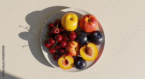 Fresh Summer Fruits Cherries Nectarines Plums on Plate Sunlight Healthy Eating