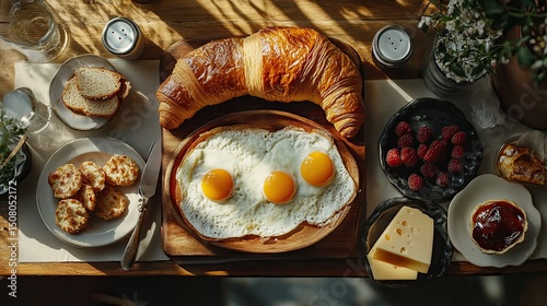A top down view of a breakfast spread with eggs croissant raspberries and cheese on a wooden table