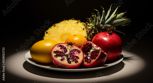 Vibrant Tropical Fruits Pineapple Pomegranate Orange Yellow Passion Fruit Still Life
