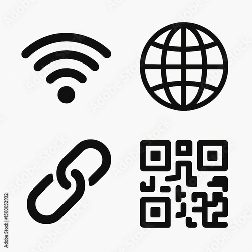 Connectivity and Digital Access Icons Set: Wi-Fi Signal, Globe, Chain Link, QR Code in Black Silhouette Style photo