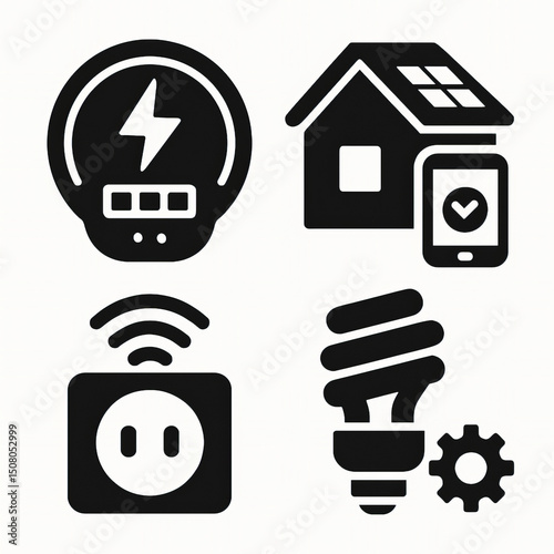 Smart Energy and Sustainable Home Icons Set: Smart Meter, Solar Powered House, Wi-Fi Plug, Energy Saving Bulb with Gear in Black Silhouette
