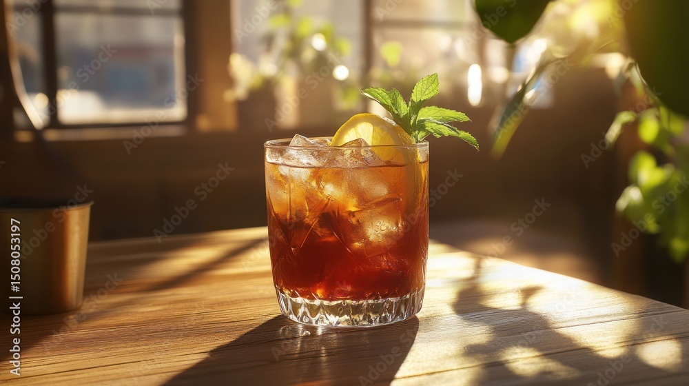 Iced tea cocktail in a glass, garnished with lemon and mint, on a wooden table by a window Iced tea cocktail in a glass, garnished with lemon and mint, on a wooden table by a window