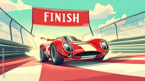 A vintage race car crossing the finish line.