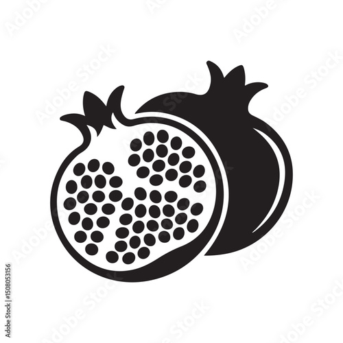 Pomegranate fruit cut in half flat vector icon for food apps and websites. Vector black silhouette. with white background