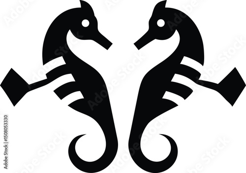 Two black seahorses face each other in a stylized symmetrical silhouette