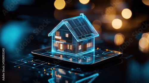 A futuristic and transparent holographic display showcasing a detailed 3D model of a smart home with advanced energy efficient technologies and integrated digital systems