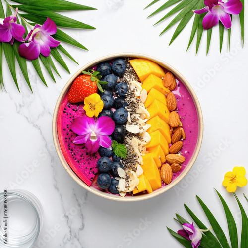 Colorful Acai Bowl with Exotic Fruits and Edible Flowers, Summer Flat Lay
