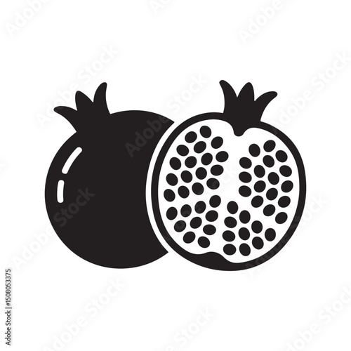 Pomegranate fruit cut in half flat vector icon for food apps and websites. Vector black silhouette. with white background