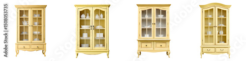 Charming, vintage yellow display cabinets showcasing porcelain artworks, emphasizing detailed design, elegance, and functionality for home decor inspiration photo