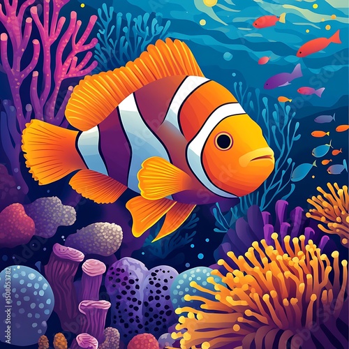 Vibrant coral reef scene with a clownfish.