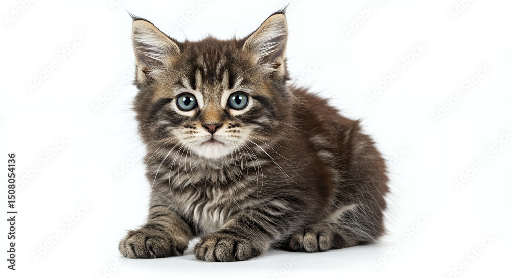 Fototapeta premium Isolated Maine Coon Kitten with Striking Blue Eyes Against a White Background Featuring Detailed Fur and Expressive Gaze For Various Creative Projects