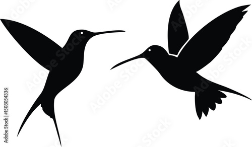 Two hummingbird silhouettes swiftly fly across the white background, showcasing dynamic energy and natural grace