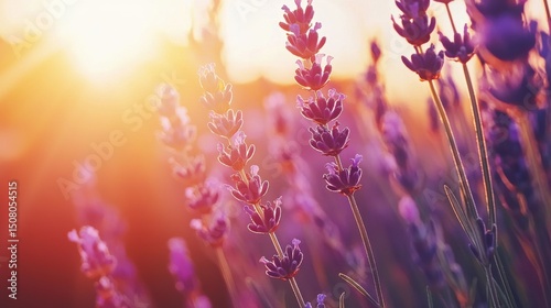A breathtaking view of a serene lavender field bathed in the warm glow of the setting sun creating a picturesque and calming scene