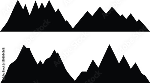 Two mountain range silhouette shapes exhibit jagged peaks creating distinct landscapes isolated on white