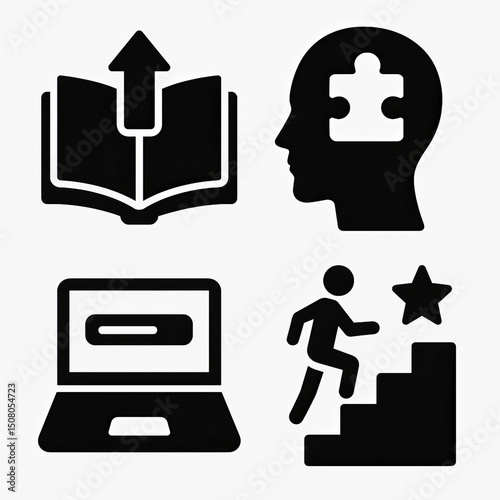 Education and Personal Growth Icons Set: Open Book with Arrow, Puzzle Head, Laptop, Person Climbing Steps with Star in Black Silhouette