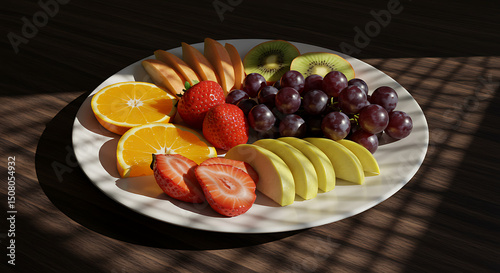 Vibrant Fruit Platter Oranges Strawberries Kiwi Grapes Apples on White Plate