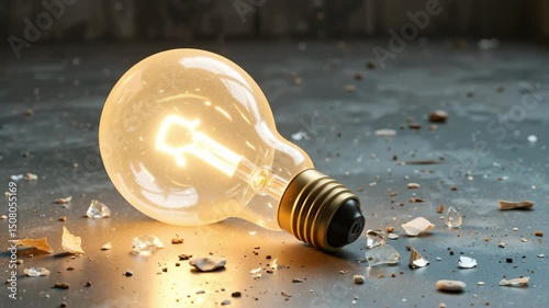 Glass light bulb lying on the floor with broken glass pieces  
