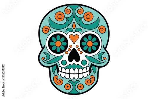 Vibrant teal sugar skull with orange floral accents smiles cheerfully against white