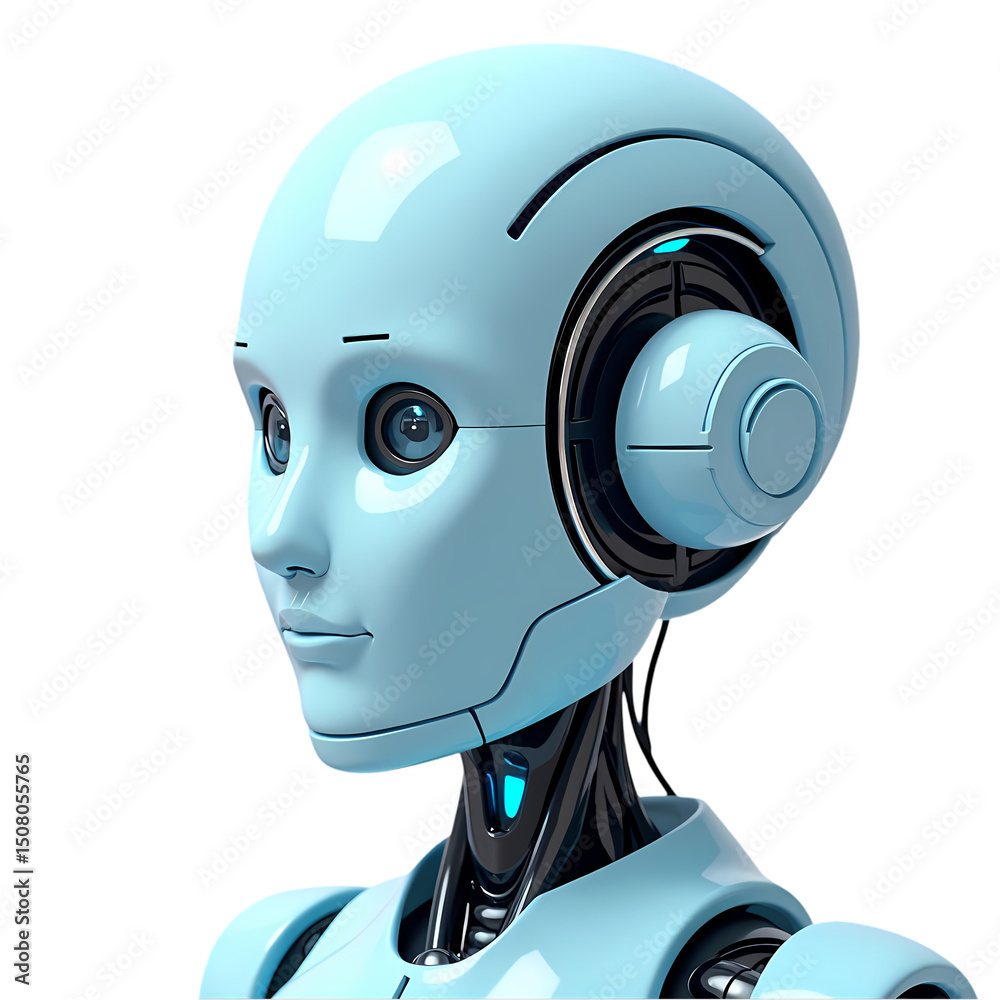 Naklejka premium A pale blue humanoid robot with a sleek design and dark eyes looking to the side on a black background isolated on transprent background
