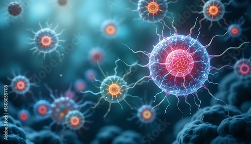 Bioelectric Microorganisms or Virus Cells in Abstract Scientific Background 3D Illustration