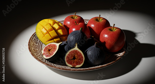 Juicy Mango Red Apples and Figs on Ornate Plate Still Life Photography