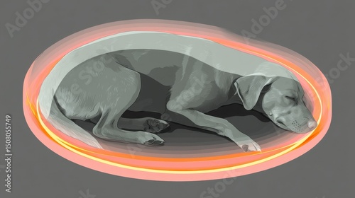 A peaceful dog sleeping with a calming glow surrounding its body.