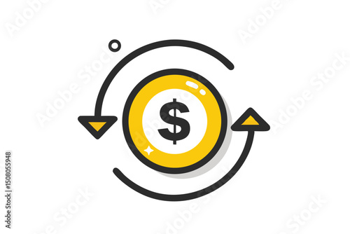 Yellow dollar coin cycles within black arrows, symbolizing recurring income and consistent exchange