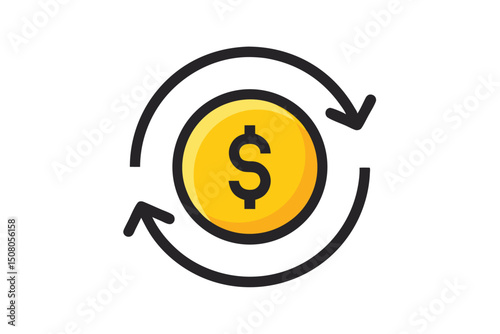 Yellow dollar coin symbol shows currency flow with curved arrows circling around it