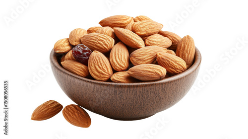 A healthy snack of almonds and dried fruits in a small bowl,Transparent background, PNG file photo