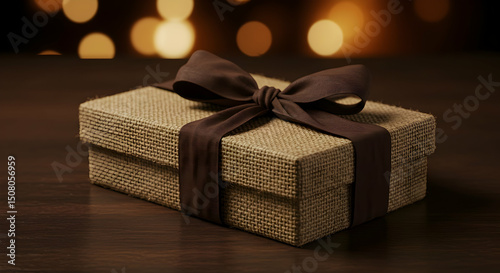 Rustic Burlap Gift Box Tied with Brown Ribbon Romantic Surprise Present photo
