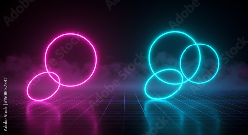 Wallpaper Mural Abstract Neon Circles Background Pink and Blue Glowing Rings on Grid Floor Torontodigital.ca