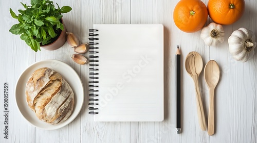 Freshly baked bread, oranges, garlic, and wooden spoons arranged on a white wooden table with a spiral-bound notebook.